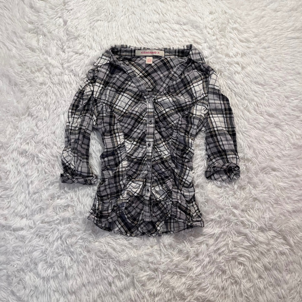 y2k plaid cinched button up 3/4 sleeve collared top large